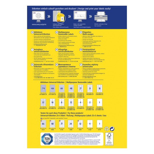 Ova slika je informativni plakat od Averyja, koji opisuje višenamjenske uklonjive naljepnice. Sadrži upute za dizajn i opcije ispisa na više jezika, zajedno s tehničkim specifikacijama i detaljima o proizvodu.