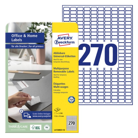 Slika pakiranja s listom naljepnica: Avery Zweckform naljepnice, odvojive, kućni ured, mala pakiranja, artikal: L4730REV-10, format: 17,8 x 10 mm, pogodnost za ispis: inkjet, laserski crno/bijeli, laserski u boji, sadržaj: 2.700 naljepnica / 10 listova, 270 naljepnica/ list?