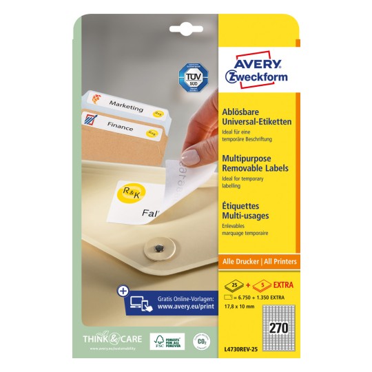Slika pakiranja: Avery Zweckform univerzalne naljepnice, odvojive, artikl: L4730REV-25, format: 17,8 x 10 mm, prikladno za tiskanje: Inkjet, laserski crno-bijeli, laserski u boji, sadržaj: 8.100 naljepnica / 30 listova, 270 naljepnica po listu.