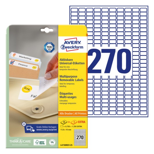 Slika pakiranja s listom naljepnica: Avery Zweckform univerzalne naljepnice, odvojive, artikal: L4730REV-25, format: 17,8 x 10 mm, prikladne za ispis: Inkjet, crno-bijeli laser, laserski u boji, sadržaj: 8.100 naljepnica / 30 listova, 270 naljepnica/list?