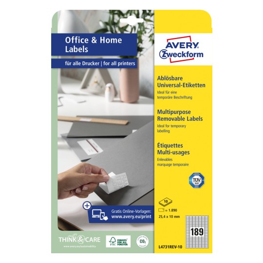 Slika pakiranja: Avery Zweckform univerzalne etikete, uklonjive, artikl: L4731REV-10, format: 25,4 x 10 mm, za pisač: Inkjet, crno-bijeli laser, kolor laser, sadržaj: 1.890 etiketa / 10 listova, 189 etiketa po listu.