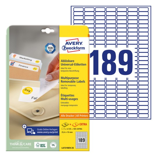 Pakiranje s etiketnim listom: Avery Zweckform univerzalne etikete, odvojive, artikal: L4731REV-25, format: 25,4 x 10 mm, pogodnost za ispis: Inkjet, laserski u crno-bijeloj boji, kolor laserski, sadržaj: 5.670 etiketa / 30 listova, 189 etiketa/list.