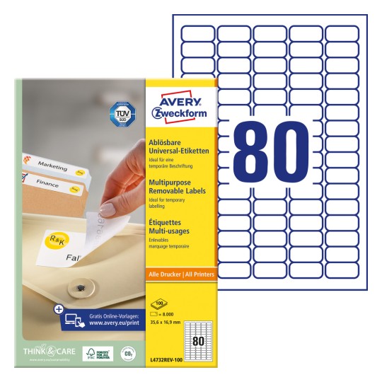 Pakiranje s arkom naljepnica: Avery Zweckform univerzalne naljepnice, odstranjive, artikl: L4732REV-100, format: 35,6 x 16,9 mm, prikladno za: Inkjet, crno-bijeli laser, kolor laser, sadržaj: 8.000 naljepnica / 100 araka, 80 naljepnica/araku.