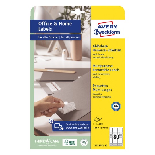 Slika pakiranja: Avery Zweckform univerzalne naljepnice, uklonjive, Artikl: L4732REV-10, Format: 35,6 x 16,9 mm, Pogodnost za pisač: Inkjet, crno-bijeli laser, kolor laser, Sadržaj: 800 naljepnica / 10 listova, 80 naljepnica/list.