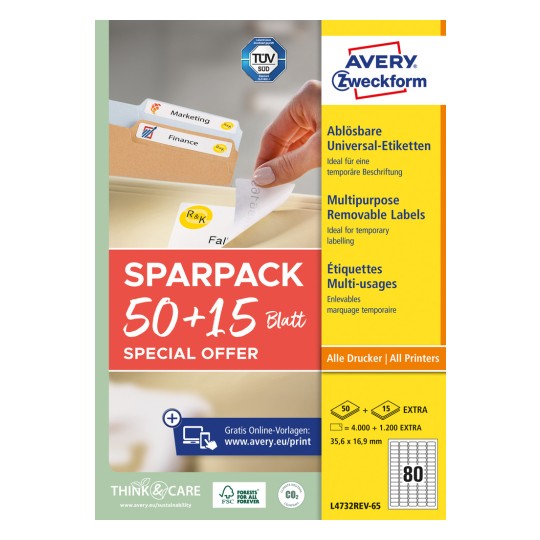 Pakiranje: Avery Zweckform univerzalne naljepnice, odvojive, artikal: L4732REV-65, format: 35,6 x 16,9 mm, prikladno za: inkjet, crno-bijeli laser, kolor laser, sadržaj: 5.200 naljepnica / 65 listova, 80 naljepnica/list.