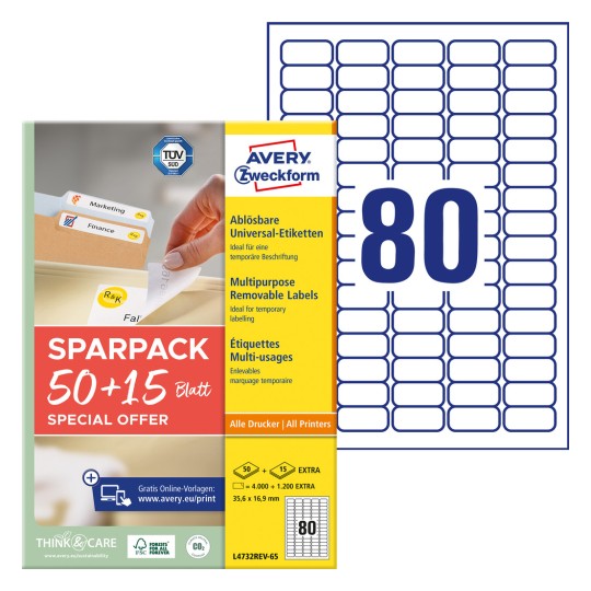 Slika pakiranja s listom naljepnica: Avery Zweckform univerzalne naljepnice, Artikl: L4732REV-65, Format: 35,6 x 16,9 mm, Pogodno za ispis: Inkjet, crno/bijeli laser, laserski pisač u boji, Sadržaj: 5.200 naljepnica / 65 listova, 80 naljepnica/ list?