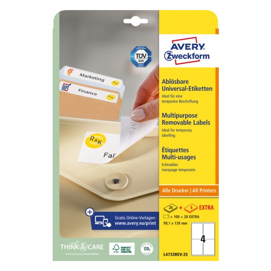 Slika pakiranja: Avery Zweckform univerzalne naljepnice, uklonjive, artikal: L4733REV-25, format: 99,1 x 139 mm, pogodno za pisače: inkjet, crno-bijeli laser, kolor laser, sadržaj: 120 naljepnica / 30 listova, 4 naljepnice po listu.
