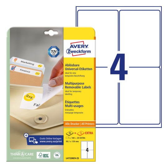 Pakiranje sa listom naljepnica: Avery Zweckform univerzalne naljepnice, odstranive, artikl: L4733REV-25, format: 99,1 x 139 mm, pogodnost za ispis: inkjet, crno-bijeli laser, laserski u boji, sadržaj: 120 naljepnica / 30 listova, 4 naljepnice/list?