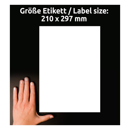 Usporedba veličine s rukom, Artikl: L4735REV-100, jedan list univerzalnih naljepnica, odvojivo, format: 210 x 297 mm, boja: Bijela?