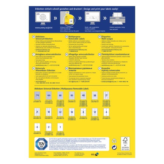 Slika prikazuje dvojezični vodič za dizajn i ispis višenamjenskih uklonjivih naljepnica. Uključuje upute, savjete za optimalno korištenje, te razne veličine i vrste naljepnica koje nudi Avery.