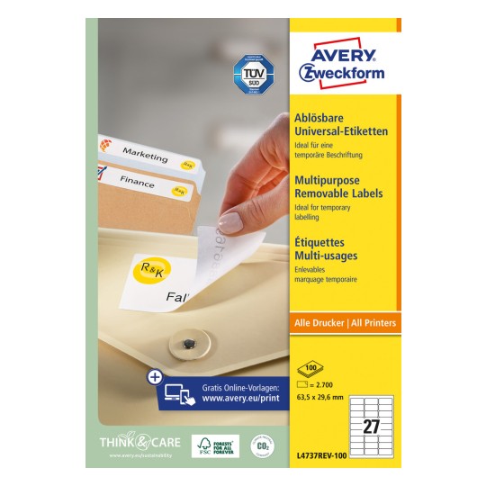 Prikaz pakiranja: Avery Zweckform univerzalne naljepnice, odvojive, artikal: L4737REV-100, format: 63,5 x 29,6 mm, pogodno za pisače: inkjet, crno-bijeli laser, laserski u boji, sadržaj: 2.700 naljepnica / 100 listova, 27 naljepnica/list.