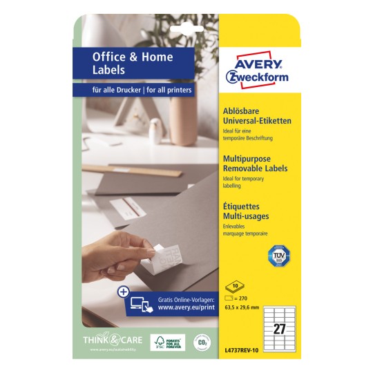 Slika pakiranja: Avery Zweckform univerzalne etikete, odvojive, Artikl: L4737REV-10, Format: 63,5 x 29,6 mm, Prikladno za ispis: Inkjet, crno-bijeli laser, laserski pisač u boji, Sadržaj: 270 etiketa / 10 listova, 27 etiketa/list?