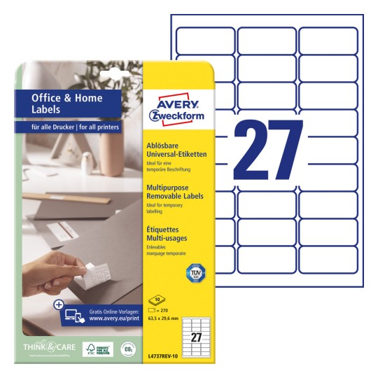 Pakiranje sa listom naljepnica: Avery Zweckform naljepnice, odvojive, kućni ured, malo pakiranje, artikl: L4737REV-10, format: 63,5 x 29,6 mm, prikladno za ispis: inkjet, crno-bijeli laser, laserski u boji, sadržaj: 270 naljepnica / 10 listova, 27 naljepnica po listu.
