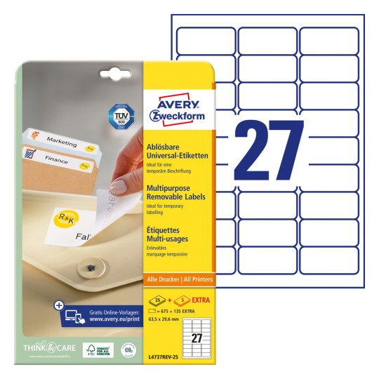 Slika pakiranja s listovima etiketa: Avery Zweckform univerzalne etikete, odvojive, artikl: L4737REV-25, format: 63,5 x 29,6 mm, pogodno za ispis: inkjet, crno-bijeli laser, laserski pisač u boji, sadržaj: 810 etiketa / 30 listova, 27 etiketa/list.