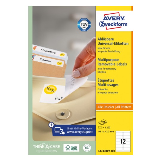 Slika pakiranja: Avery Zweckform univerzalne etikete, uklonjive, artikl: L4743REV-100, format: 99,1 x 42,3 mm, prikladne za printere: inkjet, crno-bijeli laser, kolor laser, sadržaj: 1.200 etiketa / 100 listova, 12 etiketa/list.