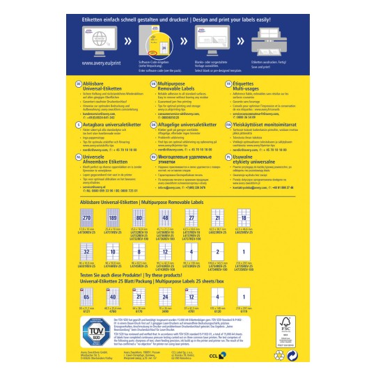 Slika je informativni list o proizvodu za višenamjenske uklonjive naljepnice marke Avery. Sadrži pojedinosti o vrstama naljepnica, veličinama, savjetima za uporabu i kontakt informacijama na različitim jezicima. Naljepnice su dizajnirane za jednostavno ispisivanje i uklanjanje bez ostavljanja ostataka.