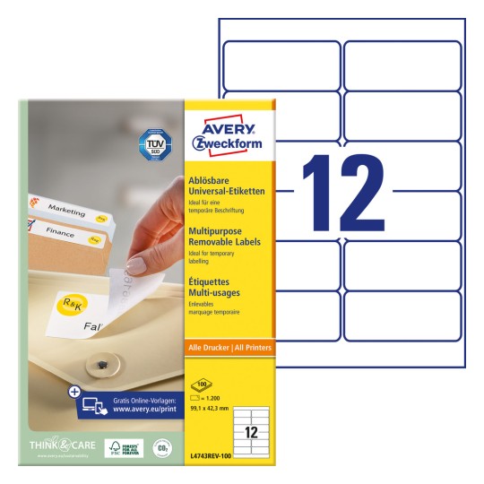 Slika pakiranja s listom etiketa: Avery Zweckform univerzalne etikete, odvojive, artikal: L4743REV-100, format: 99,1 x 42,3 mm, prikladno za ispis: inkjet, crno-bijeli laser, kolor laser, sadržaj: 1.200 etiketa / 100 listova, 12 etiketa/list.