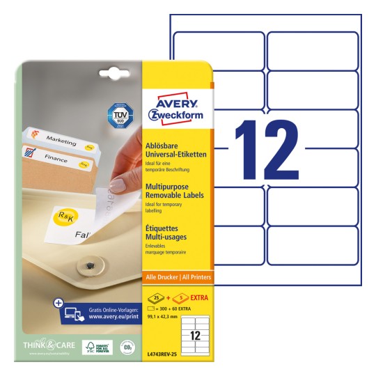 Slika pakiranja s listom etiketa: Avery Zweckform univerzalne etikete, uklonjive, artikl: L4743REV-25, format: 99,1 x 42,3 mm, prikladno za pisač: inkjet, crno-bijeli laser, laserski pisači u boji, sadržaj: 360 etiketa / 30 listova, 12 etiketa/list.