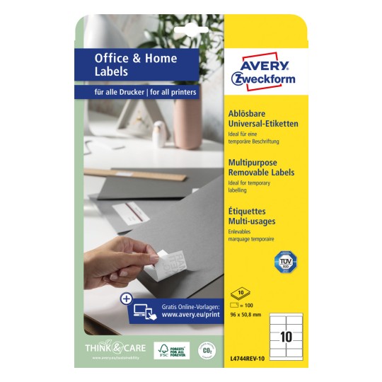 Slika pakiranja: Avery Zweckform univerzalne etikete, odvojive, Artikal: L4744REV-10, Format: 96 x 50,8 mm, Pogodno za ispis: Inkjet, laserski crno-bijeli, laserski u boji, Sadržaj: 100 etiketa / 10 listova, 10 etiketa/list.