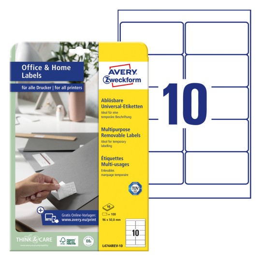 Slika pakiranja s listom naljepnica: Avery Zweckform naljepnice, uklonjive, kućni ured, malo pakiranje, artikal: L4744REV-10, format: 96 x 50,8 mm, pogodno za pisače: inkjet, laserski crno-bijeli, laserski u boji, sadržaj: 100 naljepnica / 10 listova, 10 naljepnica/ list.