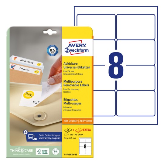 Ilustracija pakiranja s listom naljepnica: Avery Zweckform univerzalne naljepnice, uklonjive, Artikl: L4745REV-25, Format: 96 x 63,5 mm, Pogodno za ispis: Inkjet, laserski crno-bijeli, laserski u boji, Sadržaj: 240 naljepnica / 30 listova, 8 naljepnica/listu.