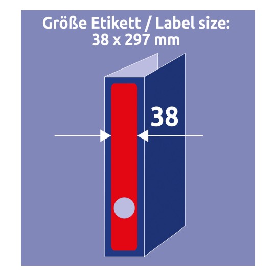 Usporedba veličine s rukom, Artikal: L4748-20, jedan list naljepnica za registratore, Format: 38 x 297 mm, Boja: Crvena?