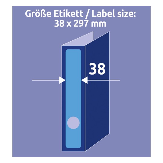 Veličina u usporedbi s rukom, Artikl: L4749-20, jedan list naljepnica za registratore, format: 38 x 297 mm, boja: plava?