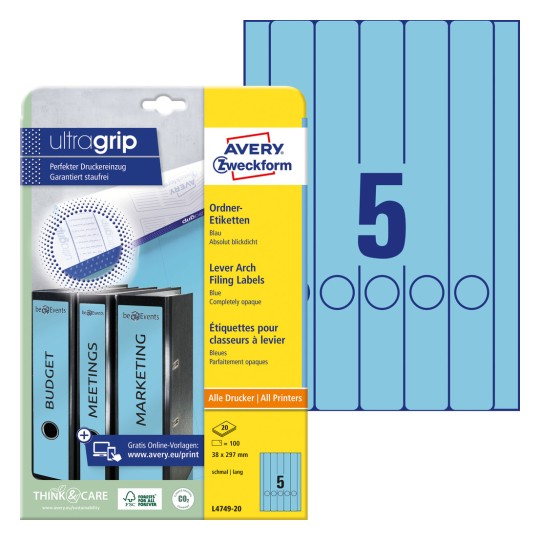 Slika pakiranja s listom naljepnica: Avery Zweckform naljepnice za registratore, artikl: L4749-20, format: 38 x 297 mm, prikladno za ispis: Inkjet, laserski crno-bijeli, laserski u boji, sadržaj: 100 naljepnica / 20 listova, 5 naljepnica/listu.