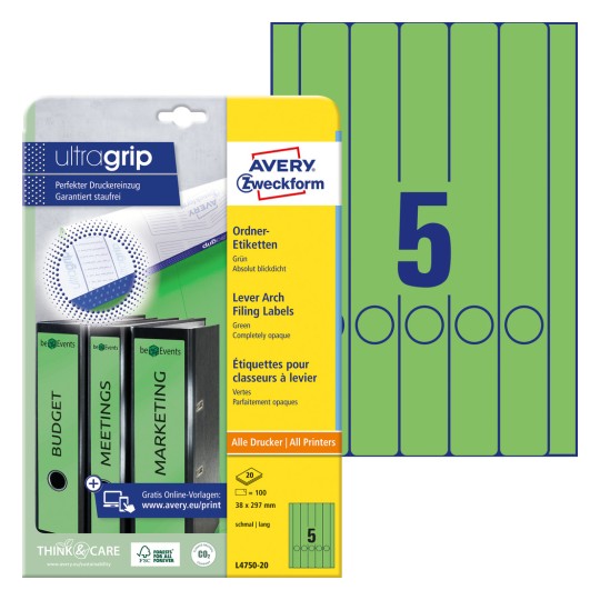 Slika pakiranja s arkom naljepnica: Avery Zweckform naljepnice za registratore, artikal: L4750-20, format: 38 x 297 mm, prikladne za ispis: Inkjet, crno/bijeli laser, kolor laser, sadržaj: 100 naljepnica / 20 listova, 5 naljepnica/ list?