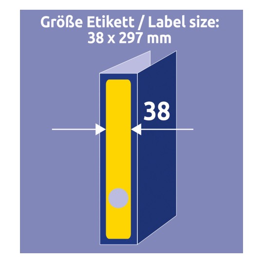 Usporedba veličine s rukom, Artikl: L4751-20, jedan list oznaka za registarske fascikle, Format: 38 x 297 mm, Boja: Žuta?