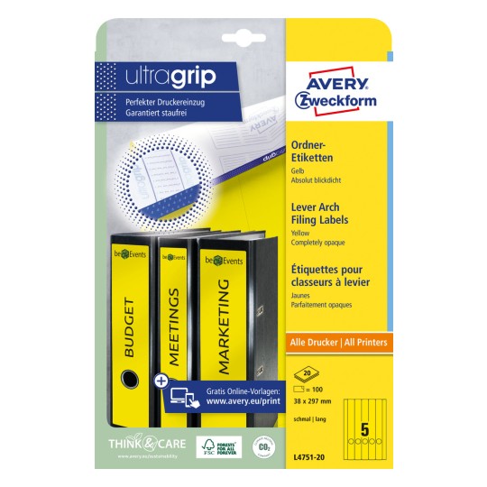 Slika pakiranja: Avery Zweckform naljepnice za registratore, Artikl: L4751-20, Format: 38 x 297 mm, Pogodnost za ispis: inkjet, crno-bijeli laser, laserski pisač u boji, Sadržaj: 100 naljepnica / 20 listova, 5 naljepnica/list.