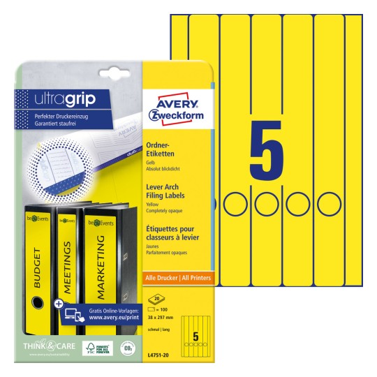 Slika pakiranja s listom naljepnica: Avery Zweckform naljepnice za registratore, proizvod: L4751-20, format: 38 x 297 mm, prikladno za ispis: Inkjet, crno-bijeli laser, laserski u boji, sadržaj: 100 naljepnica / 20 listova, 5 naljepnica/list?