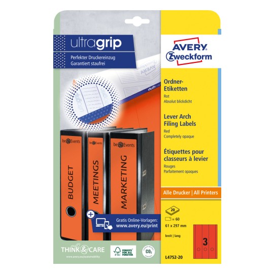 Slika pakiranja: Avery Zweckform etikete za uvez, Artikl: L4752-20, Format: 61 x 297 mm, Prikladnost za ispis: Inkjet, crno-bijeli laser, laserski u boji, Sadržaj: 60 etiketa / 20 listova, 3 etikete/list.