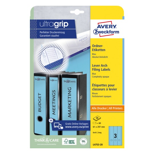 Slika pakiranja: Avery Zweckform naljepnice za registratore, Artikl: L4753-20, Format: 61 x 297 mm, Pogodnost za tiskanje: inkjet, laserski crno-bijeli, laserski u boji, Sadržaj: 60 naljepnica / 20 listova, 3 naljepnice/ list.