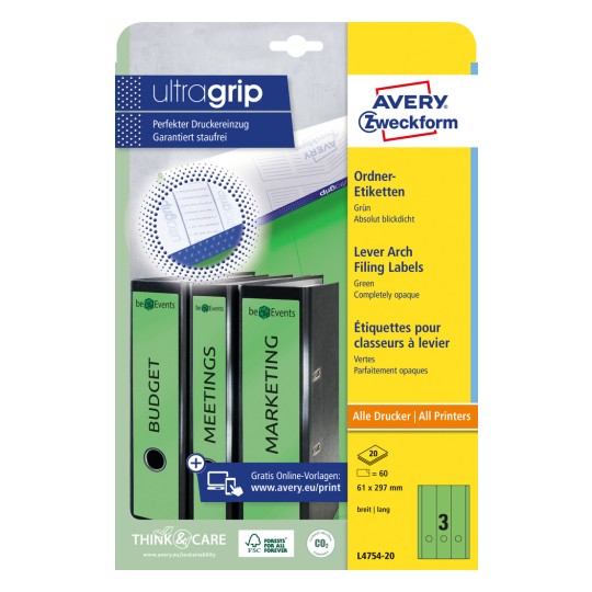 Prikaz pakiranja: Avery Zweckform etikete za registratore, Artikl: L4754-20, Format: 61 x 297 mm, Pogodno za: Inkjet, laserski crno-bijeli, laserski u boji, Sadržaj: 60 etiketa / 20 listova, 3 etikete/list.