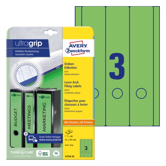 Pakiranje s etiketama: Avery Zweckform etikete za registratore, Artikl: L4754-20, Format: 61 x 297 mm, Pogodno za ispis: Inkjet, crno-bijeli laser, laserski u boji, Sadržaj: 60 etiketa / 20 listova, 3 etikete/list?