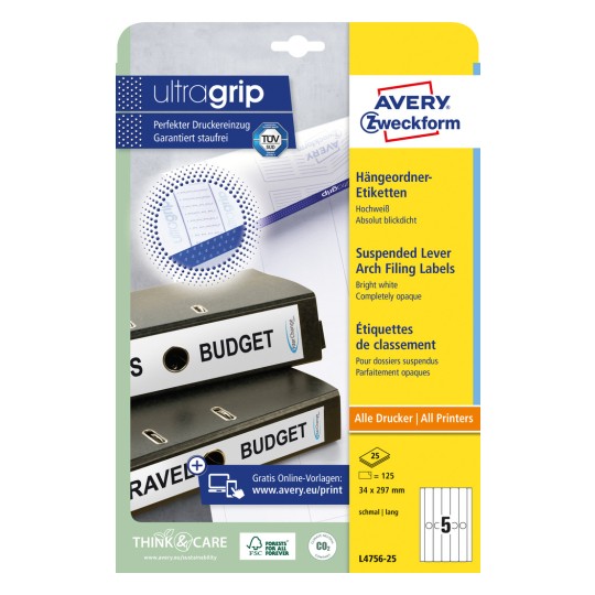 Slika pakiranja: Avery Zweckform viseće mape naljepnice, Artikl: L4756-25, Format: 34 x 297 mm, Pogodnost za ispis: Inkjet, Laser crno-bijeli, Laserski u boji, Sadržaj: 125 naljepnica / 25 araka, 5 naljepnica/arak.