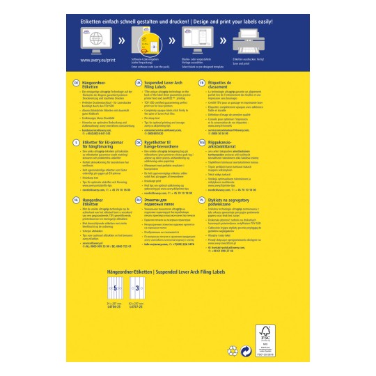 Slika sadrži upute za dizajn i ispis naljepnica, ističući naljepnice za registratore s polugom. Uključuje višejezični tekst s savjetima za optimalan ispis i pohranu, ilustraciju koja pokazuje kako koristiti softver, te pojedinosti o dostupnim veličinama naljepnica.