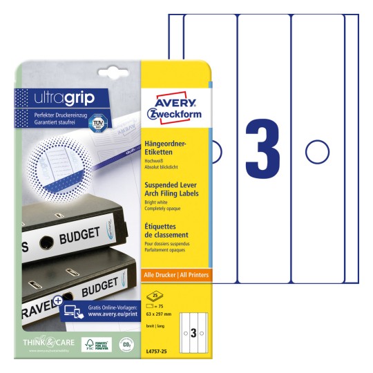 Slika pakiranja s etiketama: Avery Zweckform viseće mape etikete, Artikl: L4757-25, Format: 63 x 297 mm, Pogodno za tiskanje: Inkjet, crno-bijeli laser, kolor laser, Sadržaj: 75 etiketa / 25 listova, 3 etikete/list?