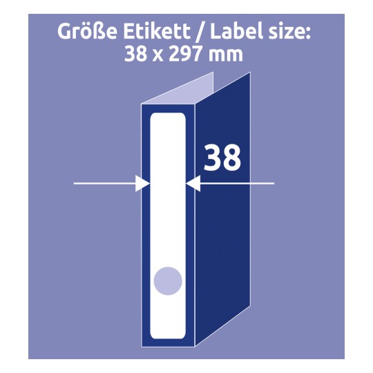 Usporedba veličine s rukom, Artikl: L4758-10, jedan list naljepnica za registratore, dimenzije: 38 x 297 mm, boja: bijela?
