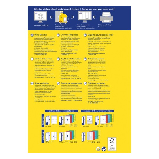 Slika prikazuje razne vrste naljepnica za sustave arhiviranja, prikazujući njihove značajke, optimalne savjete za ispis i specifične dizajne za različite veličine mapa na više jezika.