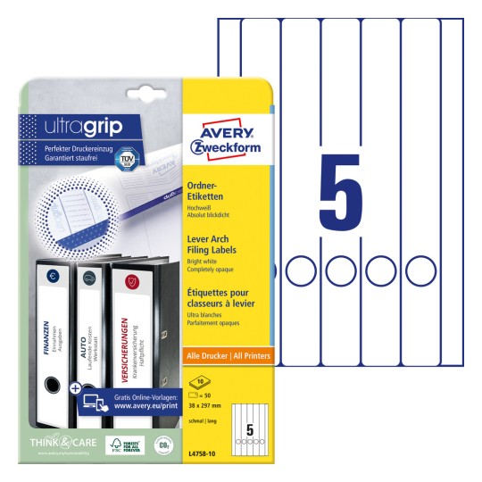 Slika pakiranja s naljepnicama: Avery Zweckform naljepnice za registratore, Artikl: L4758-10, Format: 38 x 297 mm, Pogodno za tiskanje: Inkjet, crno-bijeli laserski pisači, laserski pisači u boji, Sadržaj: 50 naljepnica / 10 listova, 5 naljepnica/list.