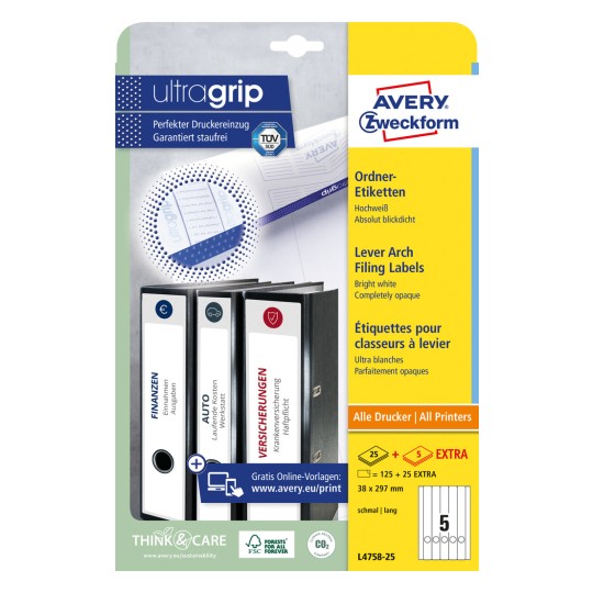 Slika pakiranja: Avery Zweckform naljepnice za registratore, Artikl: L4758-25, Format: 38 x 297 mm, Tip ispisa: Inkjet, Crno-bijeli laser, Kolor laser, Sadržaj: 150 naljepnica / 30 listova, 5 naljepnica/list.