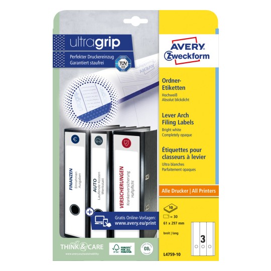 Slika pakiranja: Avery Zweckform naljepnice za registratore, Proizvod: L4759-10, Format: 61 x 297 mm, Pogodno za ispis: Inkjet, crno/bijeli laser, laserski u boji, Sadržaj: 30 naljepnica / 10 listova, 3 naljepnice po listu.