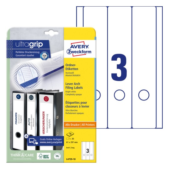 Slika pakiranja s listom etiketa: Avery Zweckform etikete za registratore, artikl: L4759-10, format: 61 x 297 mm, prikladno za ispis: Inkjet, crno-bijeli laserski printer, laserski printer u boji, sadržaj: 30 etiketa / 10 listova, 3 etikete/list?