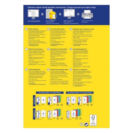 Slika sadrži informacije o rješenjima za ispis naljepnica od Averyja. Uključuje upute, specifikacije proizvoda i preporuke za dizajn na više jezika. Navedeni su različiti formati naljepnica za mape, kao i savjeti za optimalni ispis i pohranu.