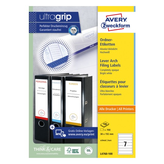 Slika pakiranja: Avery Zweckform etikete za registratore, artikl: L4760-100, format: 38 x 192 mm, prikladnost za pisač: inkjet, laserski crno-bijelo, laserski u boji, sadržaj: 700 etiketa / 100 listova, 7 etiketa/list.