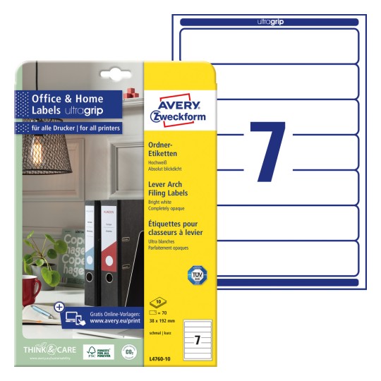 Slika pakiranja s arkom naljepnica: Avery Zweckform etikete za registratore, kućni ured, malo pakiranje, artikal: L4760-10, format: 38 x 192 mm, prikladno za tiskanje: Inkjet, crno-bijeli laser, laserski u boji, sadržaj: 70 naljepnica / 10 listova, 7 naljepnica/list?