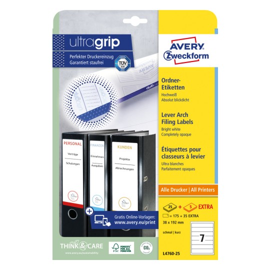 Slika pakiranja: Avery Zweckform naljepnice za registratore, artikal: L4760-25, format: 38 x 192 mm, prikladno za pisače: Inkjet, crno-bijeli laser, laserski u boji, sadržaj: 210 naljepnica / 30 listova, 7 naljepnica/list?