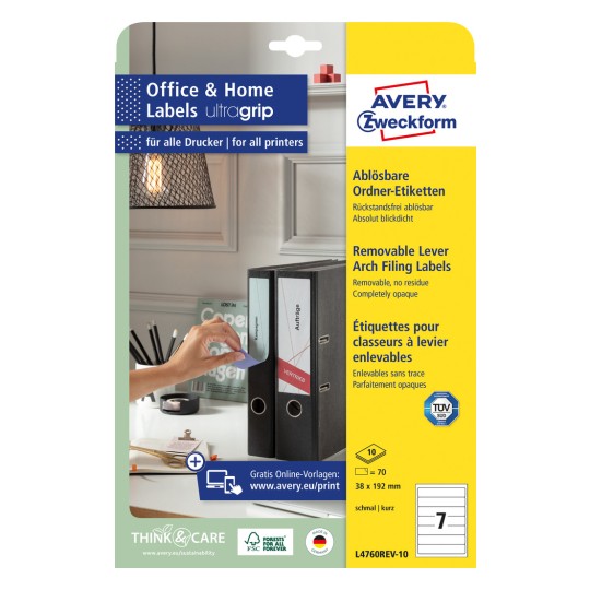 Slika pakiranja: Avery Zweckform naljepnice za registratore, uklonjive, Artikl: L4760REV-10, Format: 38 x 192 mm, Pogodno za ispis: inkjet, crno-bijeli laser, laserski pisač u boji, Sadržaj: 70 naljepnica / 10 listova, 7 naljepnica/list?